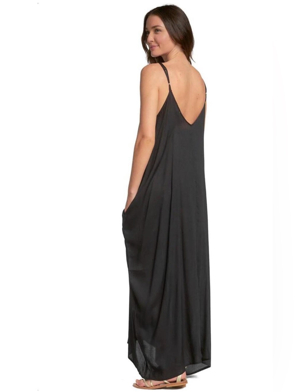 Elan black maxi slip dress adj. straps pockets